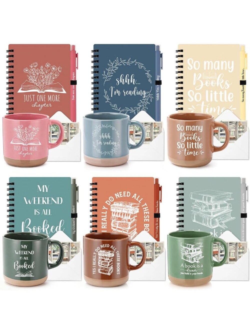 Book Lover's Gift Set: 13oz Ceramic Mug, Spiral Journal, Greeting Card & Pen
